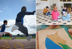 Enfants pratiquant diff&eacute;rentes activit&eacute;s : course, peinture et recherche