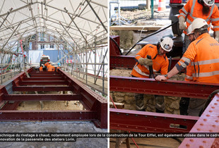 Des ouvriers utilisent la technique du rivetage à chaud pour la rénovation de la passerelle des ateliers Lorin