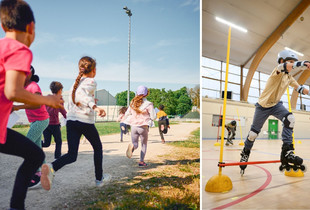 Des enfants pratiquent le sport en extérieur et dans un gymnase.