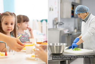Visuels d'un enfant à la cantine et d'une cuisinière préparant des légumes en cuisine
