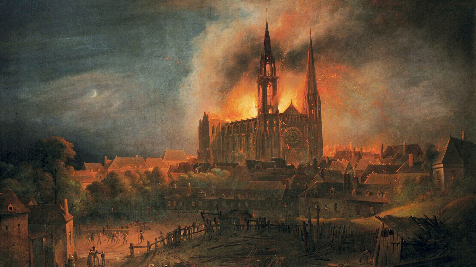 Incendie de 1836 : Chartrains faisant la chaîne avec des seaux d’eau, par François Pernot – Ville de Chartres