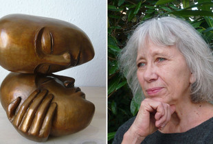 Portrait de Brigitte Pelen et une de ses sculptures