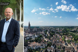 Jean-Pierre Gorges, maire de Chartres, et un panorama aérien de la ville de Chartres