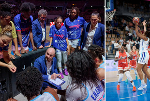 &agrave; gauche, &eacute;quipe de basket f&eacute;minine r&eacute;unit autour de leur coach pendant le temps off, et &agrave; droit il y a une joueuse en action