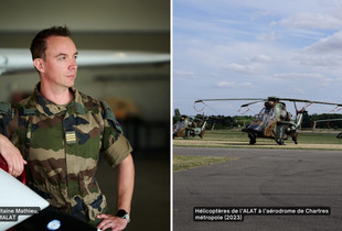Capitaine Mathieu, accoudé à un avion, et des hélicoptères de l'ALAT au sol