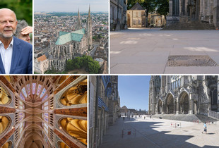 Composition de photos avec Jean-Pierre Gorges et des visuels de la cathédrale et du parvis de la cathédrale