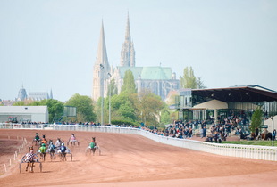 Course hippique &agrave; l'hippodrome de Chartres avec la cath&eacute;drale de Chartres en fond