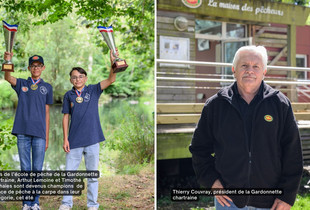Timothé et Arthur lèvent leurs trophées obtenus au championnat de France de pêche à la carpe