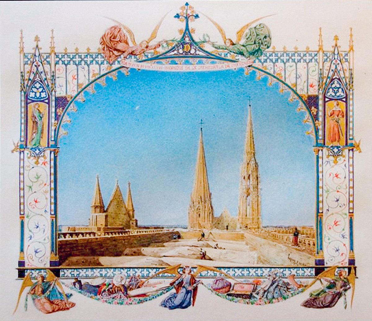 Incendie de 1836 : vue du toit de la cathédrale de Chartres, 1836, aquarelle par J.-B. Lassus – Ville de Chartres