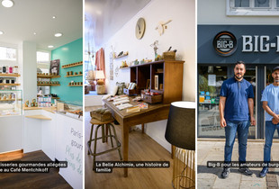 Vue de l'intérieur des boutiques Café Mentchikoff et Belle Alchimie et vue sur la devanture et le gérant du Big-B