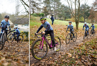 A gauche, gros plan sur un enfant en cyclo-cross. A droite, plusieurs enfants font du cyclo-cross