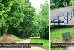 Aménagements d'arceaux vélos et bancs dans le parc du Rigeard.