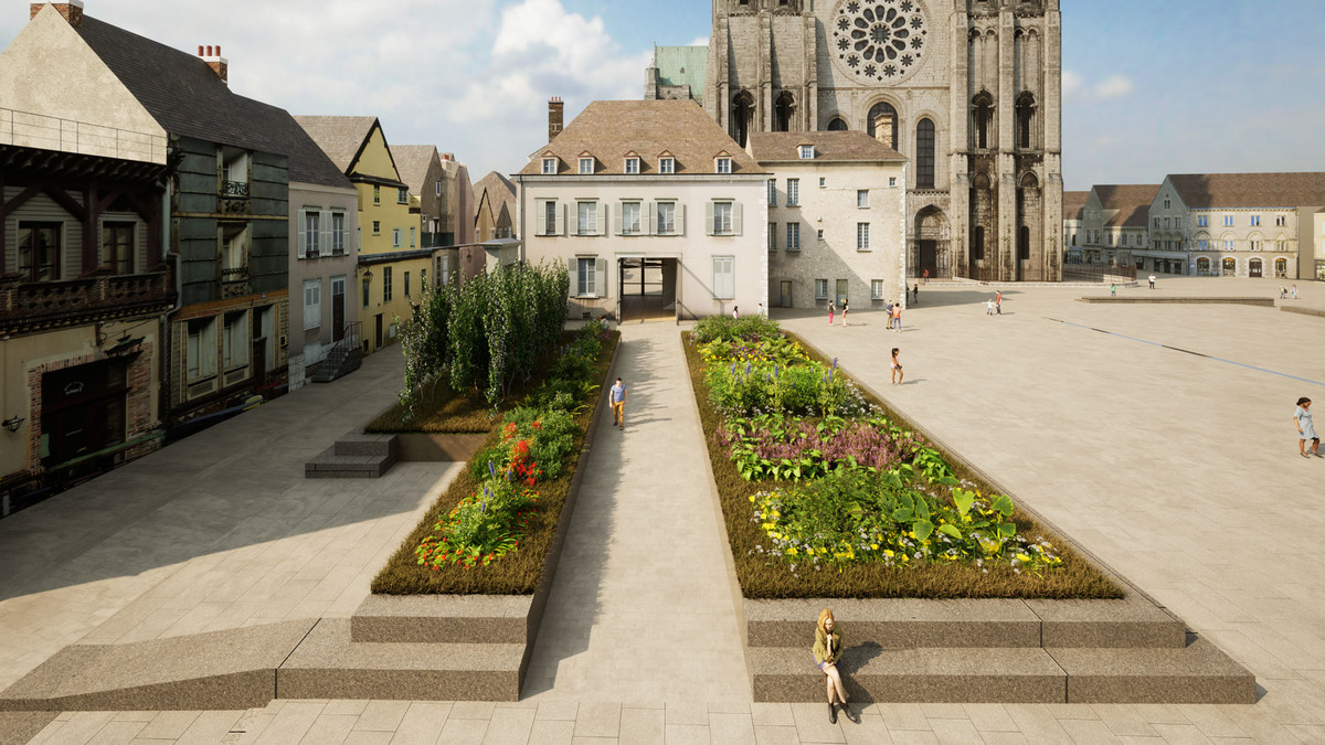 Vue des jardins médiévaux devant les maisons canoniales