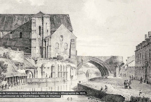 &laquo; Vue de l'ancienne coll&eacute;giale Saint-Andr&eacute; &agrave; Chartres &raquo;, lithographie de 1820, fonds patrimonial de la M&eacute;d'IAth&egrave;que, Ville de Chartres