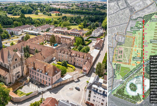 Vue aérienne du quartier de Saint-Martin au Val et plan d'architecte du réaménagement du quartier