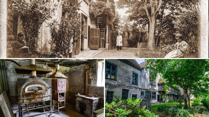 En haut, vue sur les ateliers Lorin en 1888, à gauche, vue sur les anciens fours, à droite, vue sur les jardins des ateliers Lorin