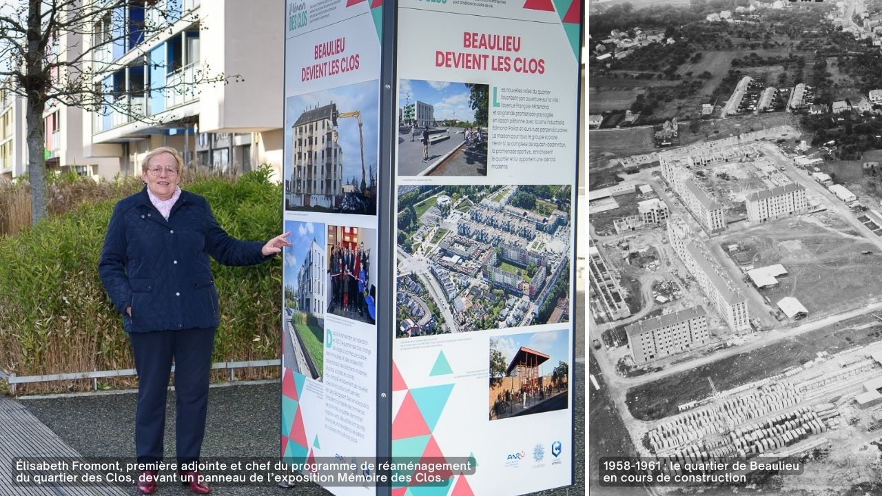 Élisabeth Fromont, première adjointe et chef du programme de réaménagement du quartier des Clos, devant un panneau de l’exposition Mémoire des Clos