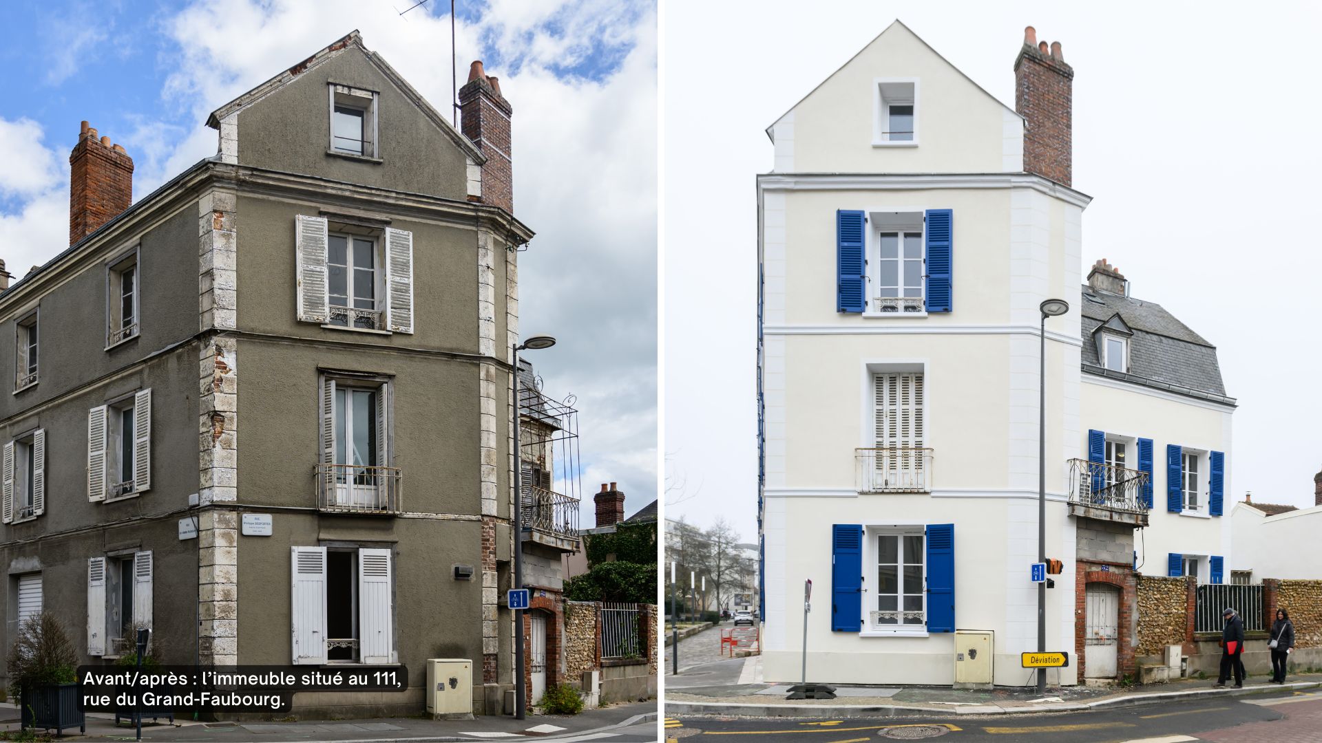 Un avant/après de l’immeuble restauré situé au 111, rue du Grand-Faubourg