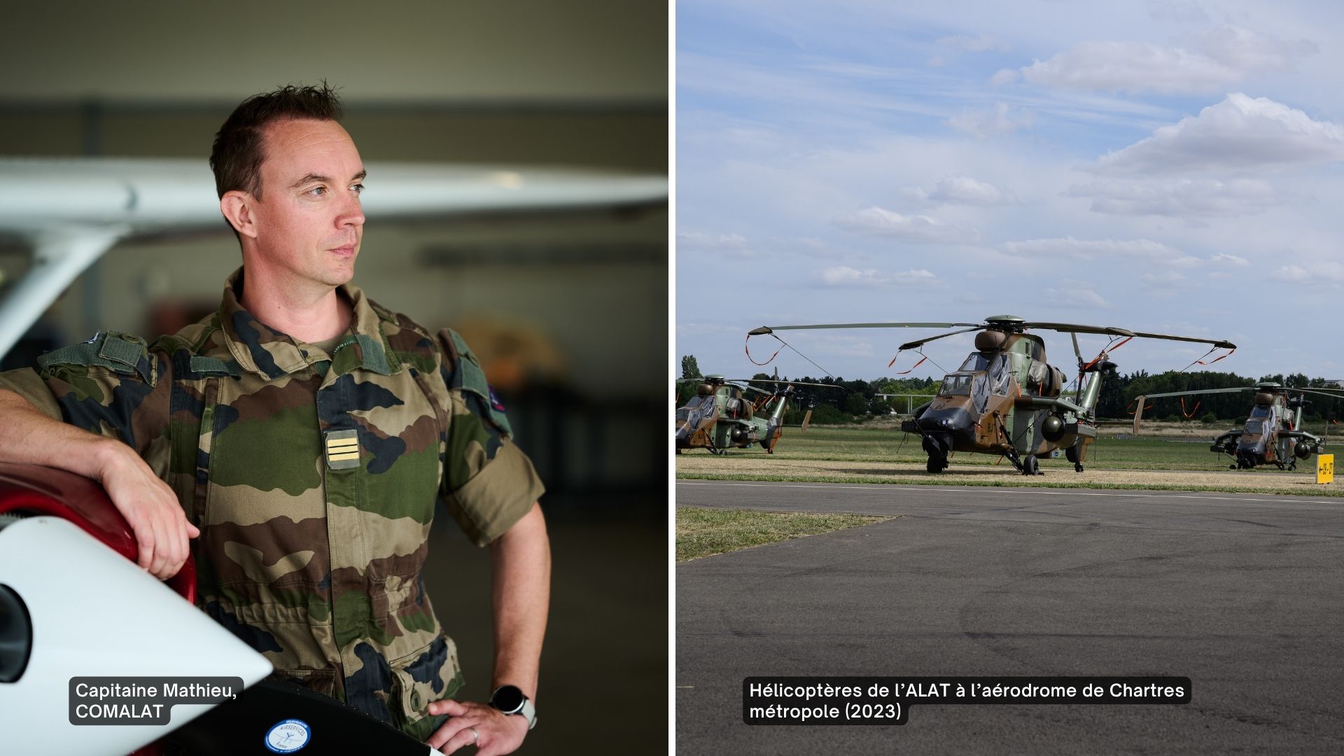 Capitaine Mathieu, accoudé à un avion, et des hélicoptères de l'ALAT au sol
