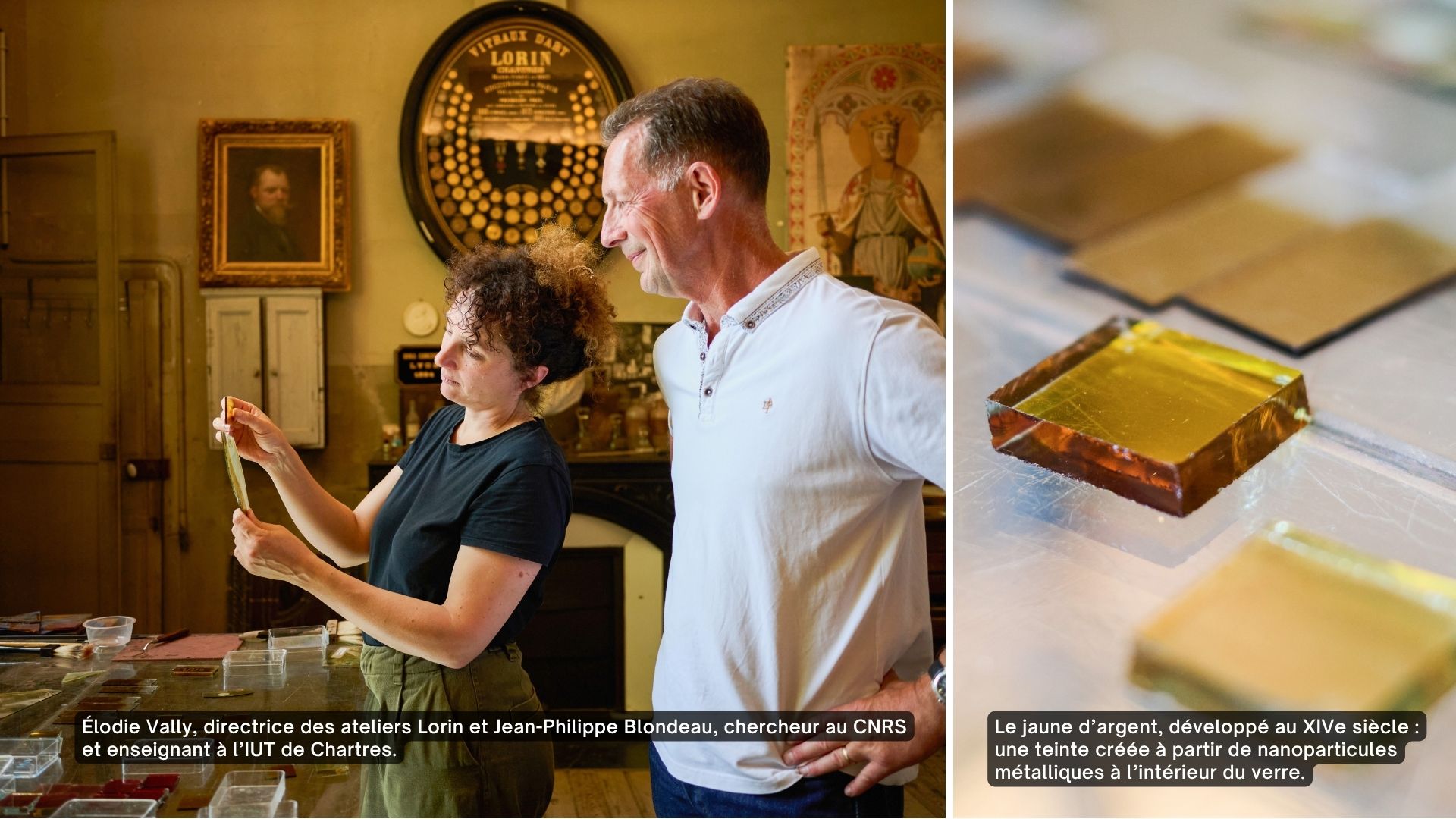 Deux chercheurs spécialistes du verre et des vitraux observent la teinte d'un verre.