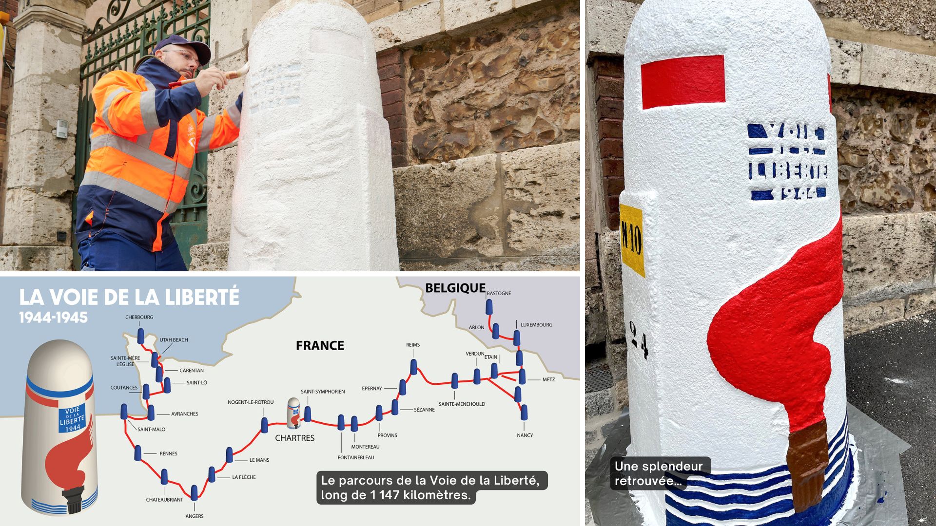 La rénovation d'une des cinq bornes situées le long de la Voie de la Liberté, qui commémore la victoire des Alliés et la libération de la France lors de la Seconde Guerre mondiale.