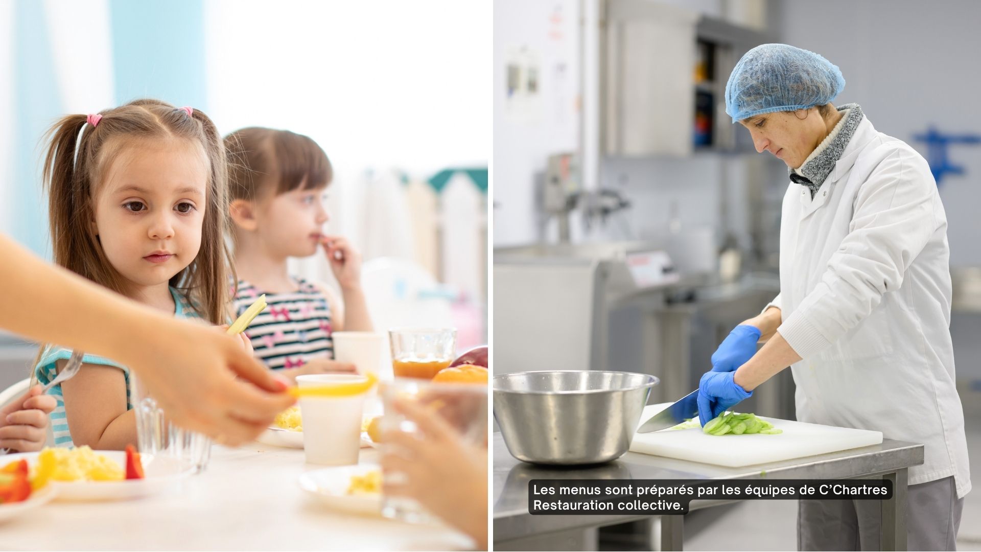 Visuels d'un enfant à la cantine et d'une cuisinière préparant des légumes en cuisine