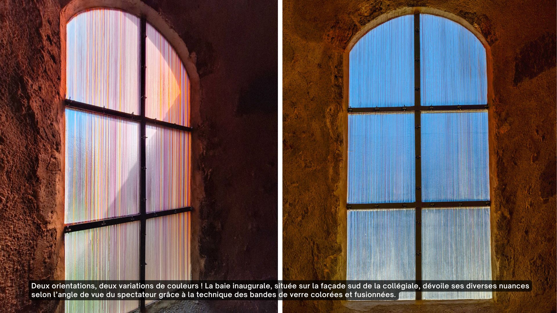 Dévoilement de la première baie à la collégiale Saint-André La première baie de la collégiale Saint-André présente des variations de couleurs en fonction de l'angle de vue : tons chauds ou froids