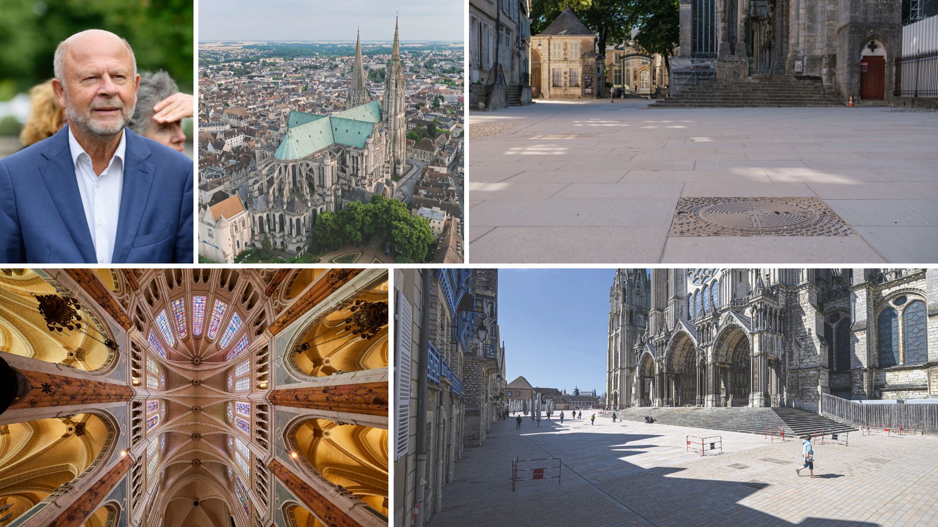 Composition de photos avec Jean-Pierre Gorges et des visuels de la cathédrale et du parvis de la cathédrale