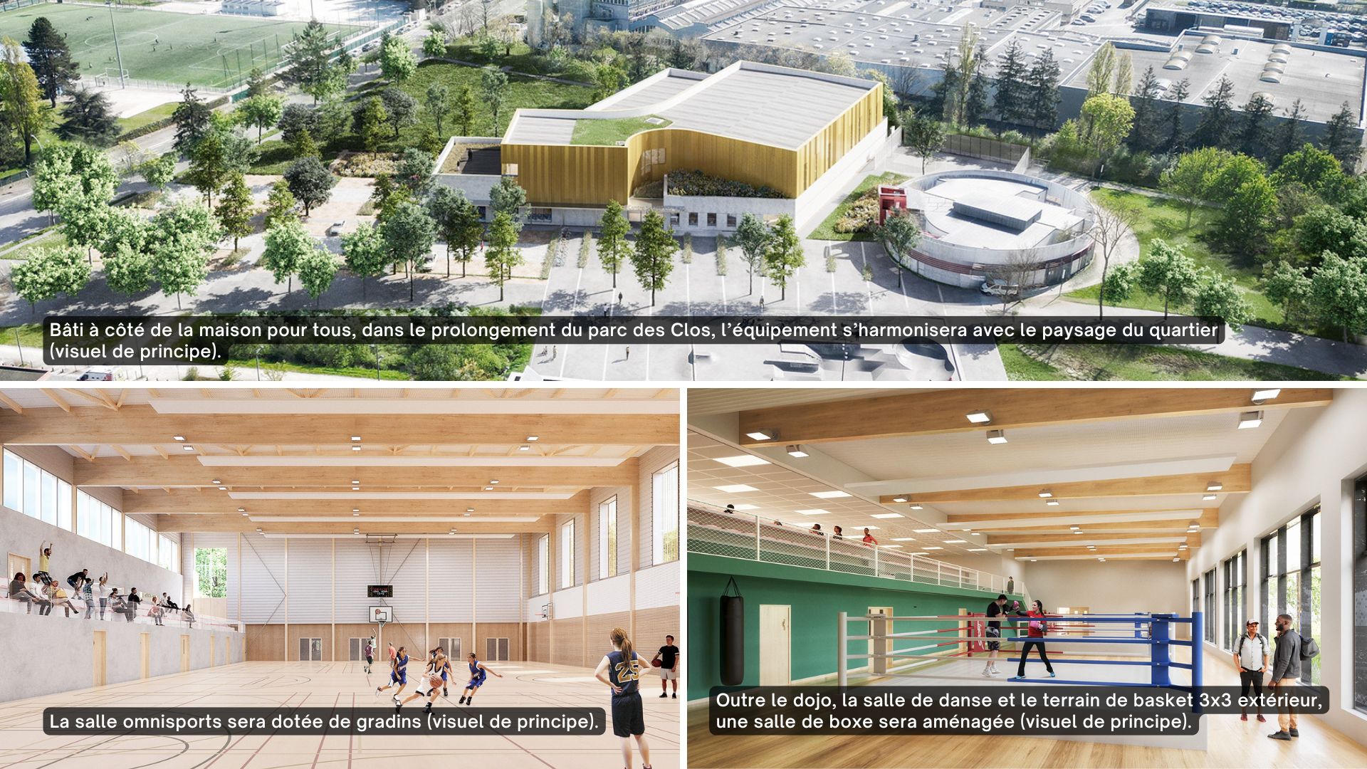 Vues extérieure et intérieures du futur complexe sportif du quartier des Clos à Chartres (visuels de principes).