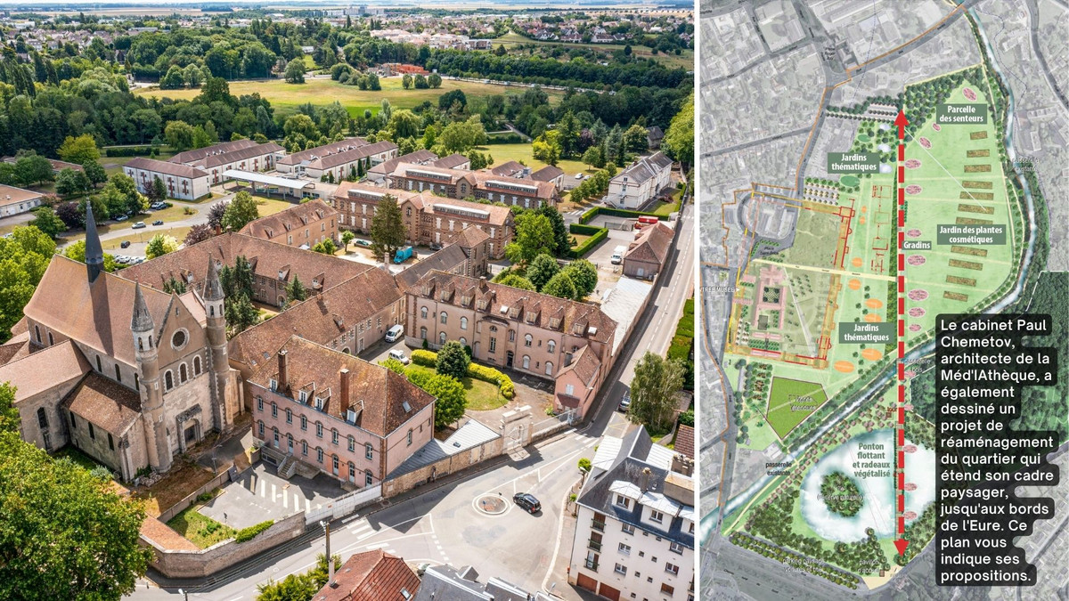 Vue aérienne du quartier de Saint-Martin au Val et plan d'architecte du réaménagement du quartier