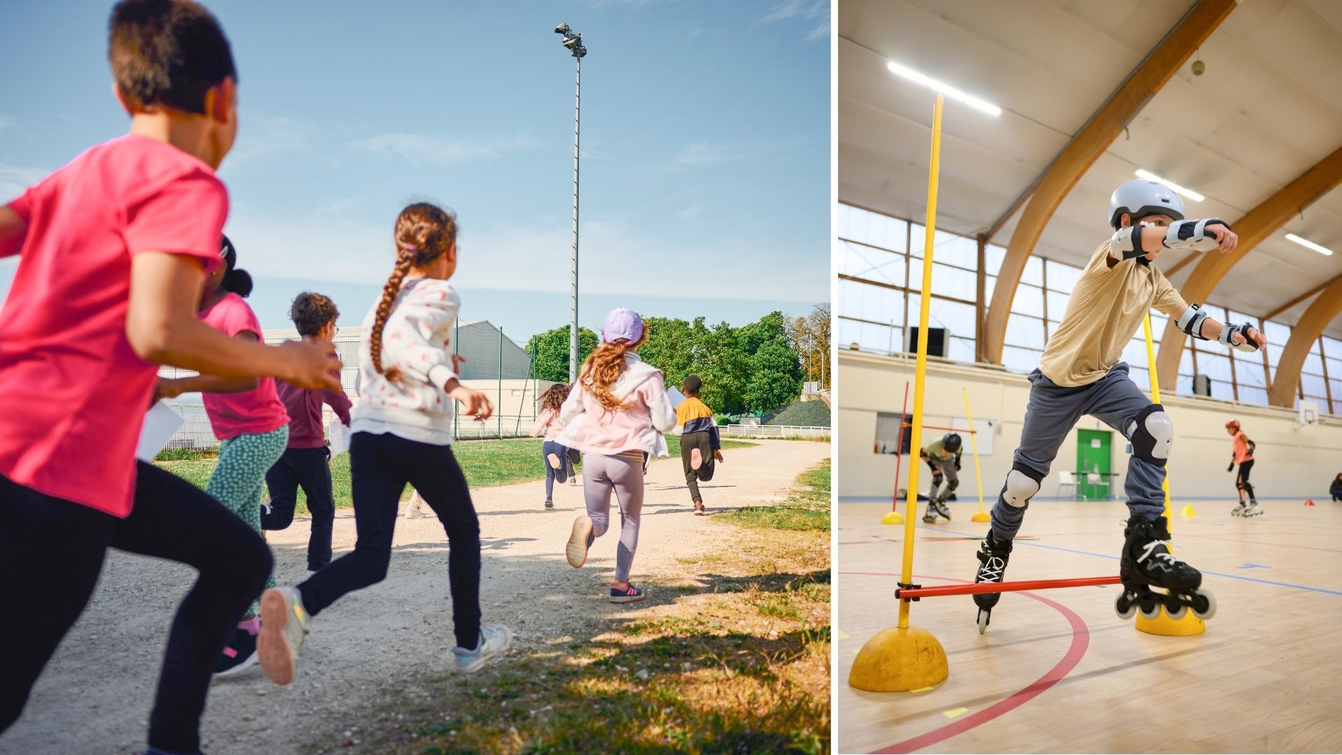 Des enfants pratiquent le sport en extérieur et dans un gymnase.