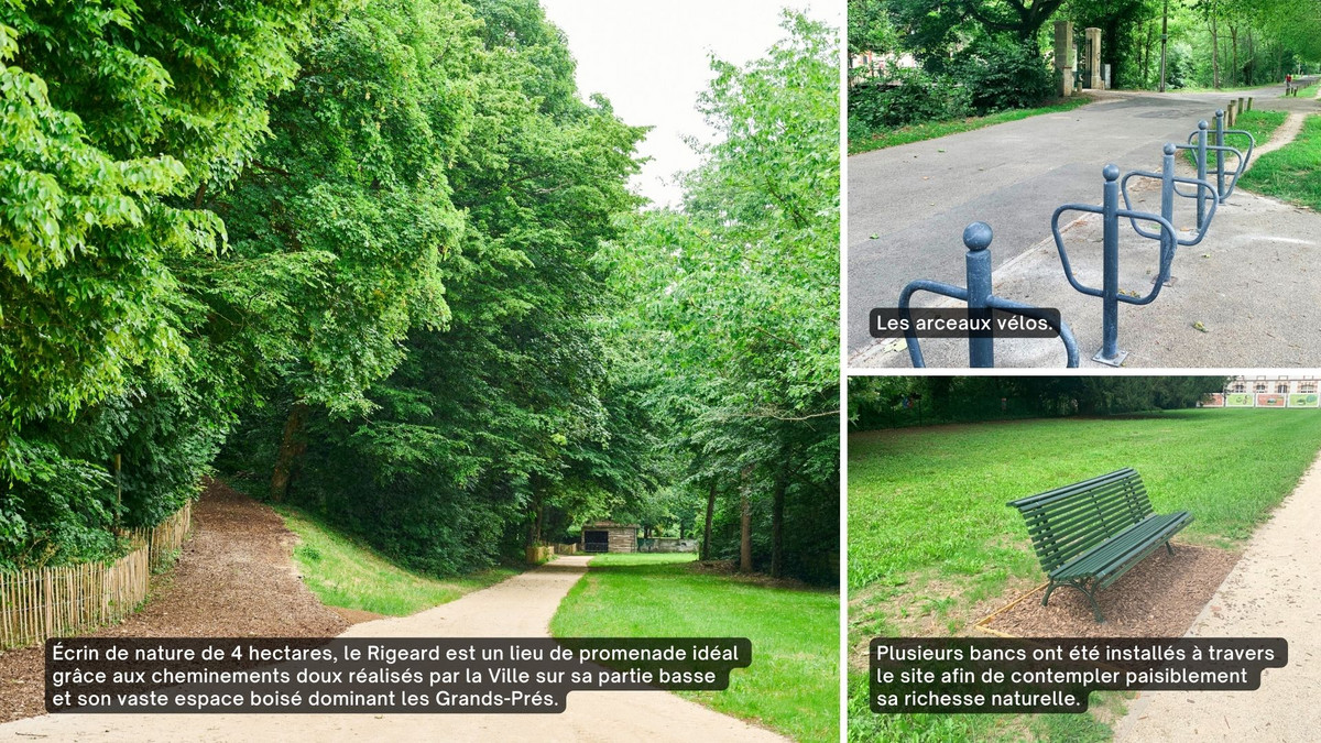 Aménagements d'arceaux vélos et bancs dans le parc du Rigeard.