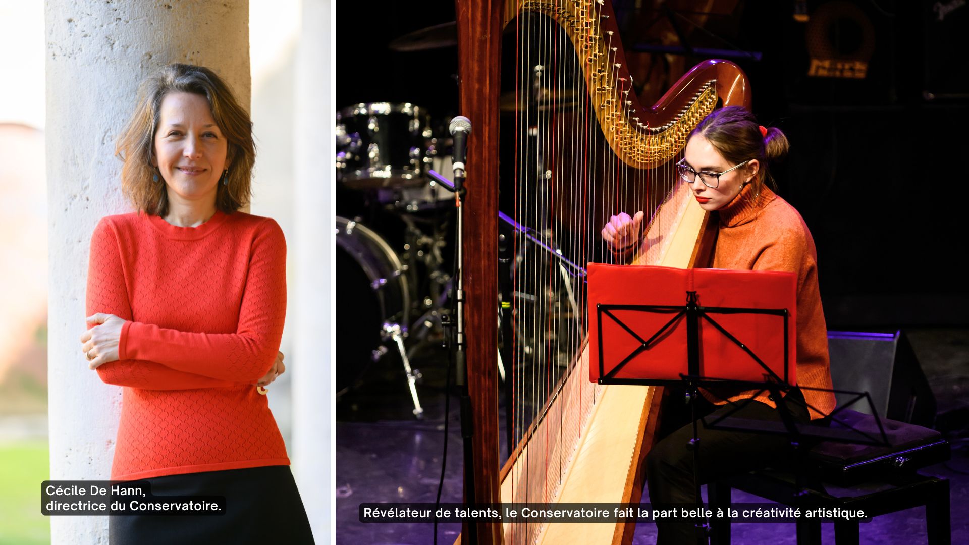 Cécile de Hann, directrice du conservatoire de Chartres et une élève harpiste en concert
