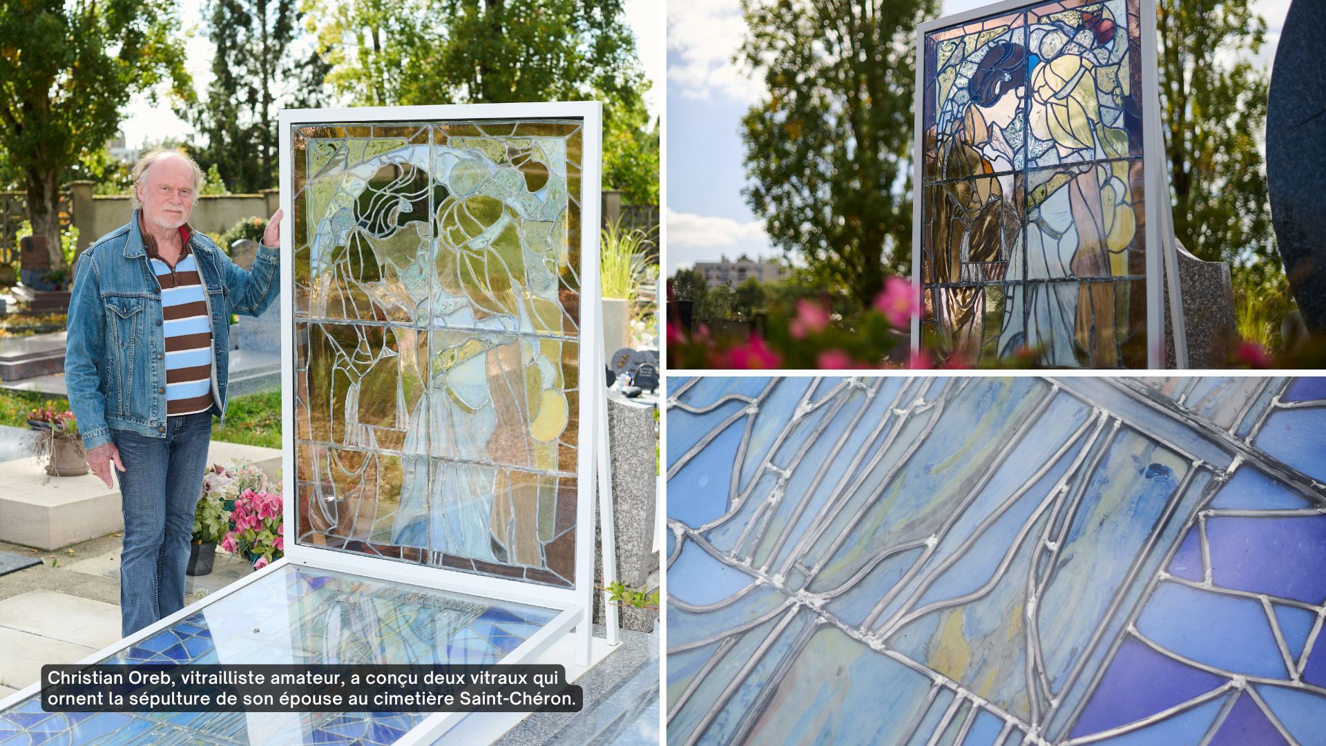 Christian Oreb, vitrailliste amateur, a conçu deux vitraux qui ornent la sépulture de son épouse au cimetière Saint-Chéron