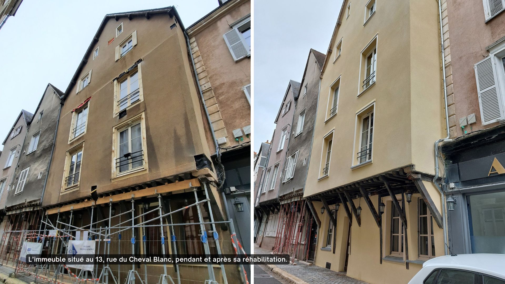 Vues d'un immeuble du coeur de ville pendant et apr&egrave;s sa r&eacute;habilitation.