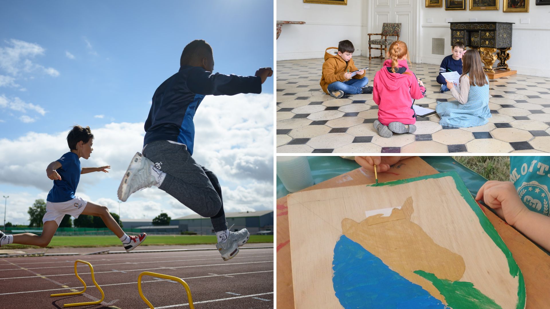 Enfants pratiquant diff&eacute;rentes activit&eacute;s : course, peinture et recherche