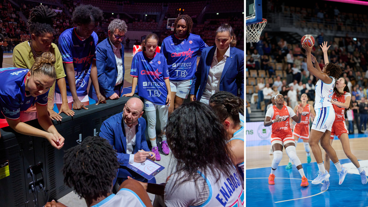 &agrave; gauche, &eacute;quipe de basket f&eacute;minine r&eacute;unit autour de leur coach pendant le temps off, et &agrave; droit il y a une joueuse en action