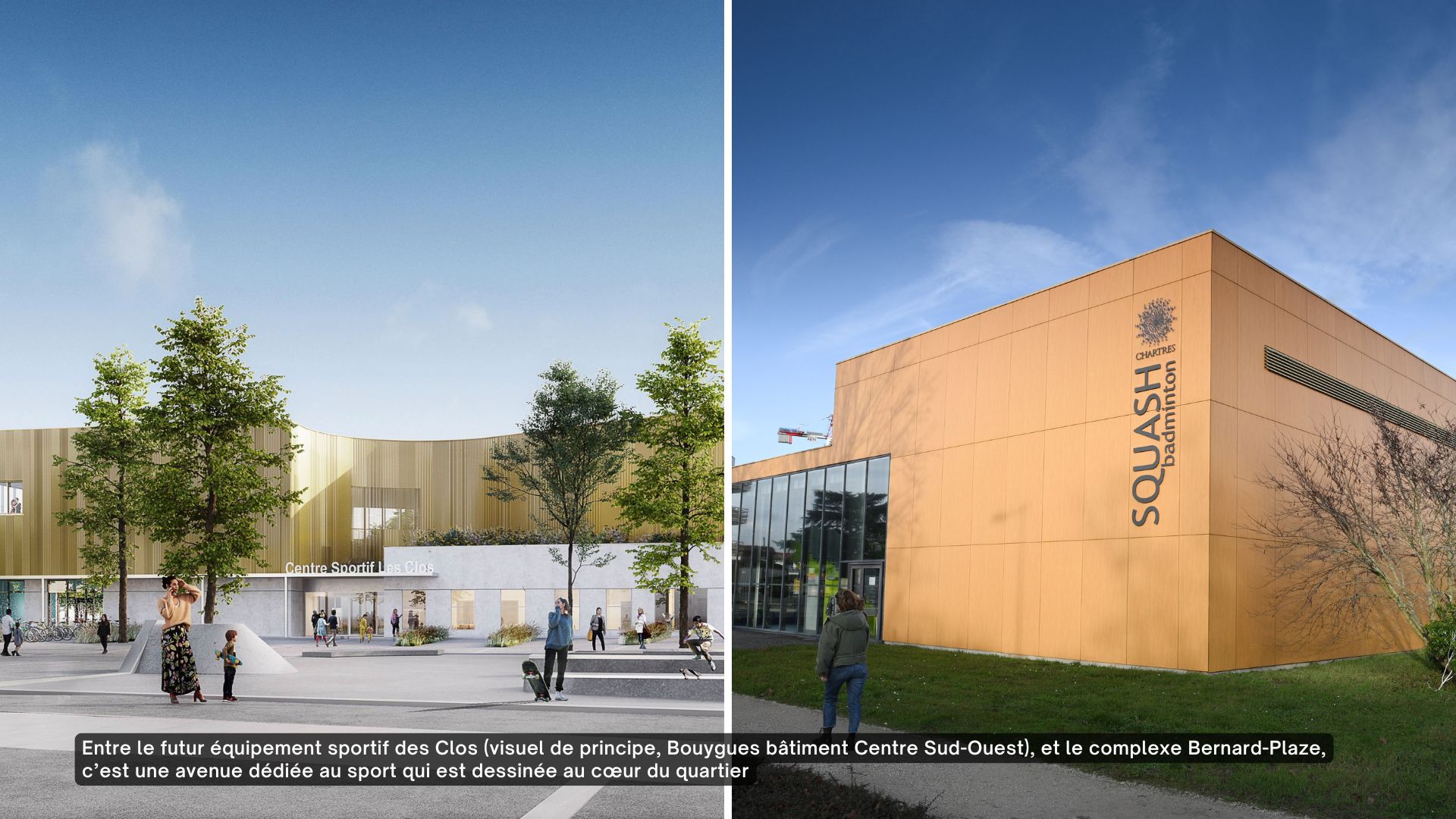 Le futur complexe sportif des Clos et l'actuel complexe Bernard-Plaze, d&eacute;di&eacute; au squash