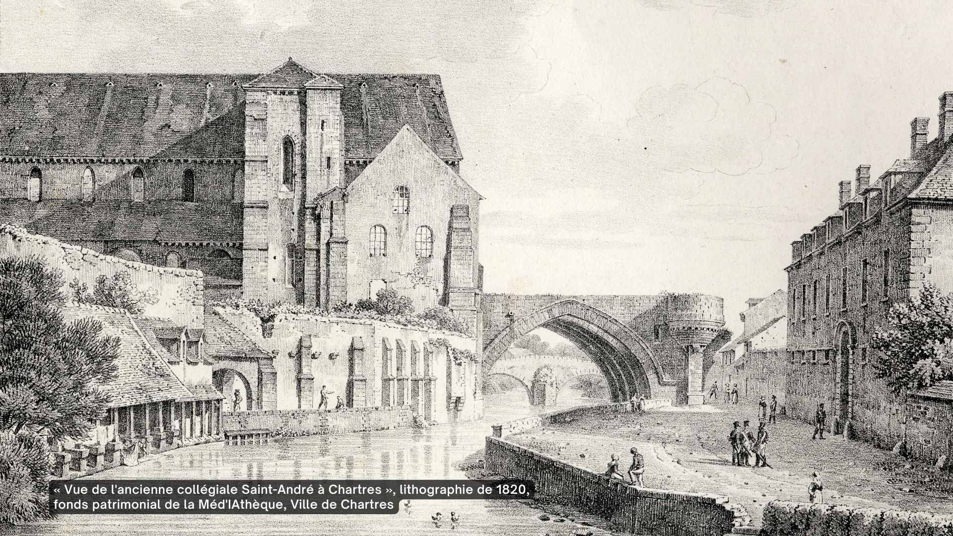 &laquo; Vue de l'ancienne coll&eacute;giale Saint-Andr&eacute; &agrave; Chartres &raquo;, lithographie de 1820, fonds patrimonial de la M&eacute;d'IAth&egrave;que, Ville de Chartres