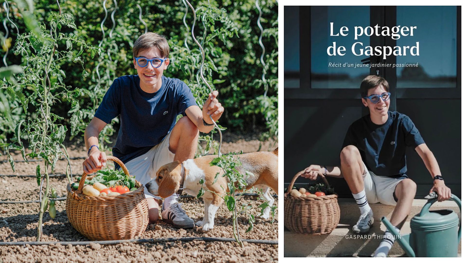 Portrait de Gaspard, jeune jardinier et la couverture de son livre.