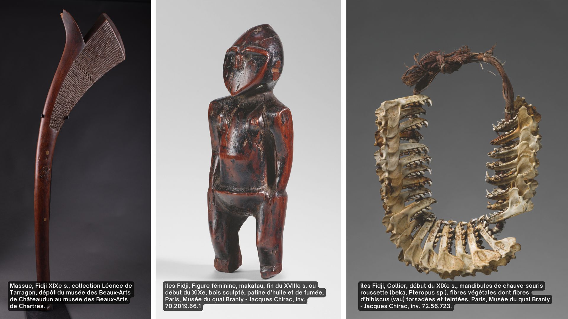 Trois des &oelig;uvres pr&eacute;sent&eacute;es dans l'exposition Fidji 1838