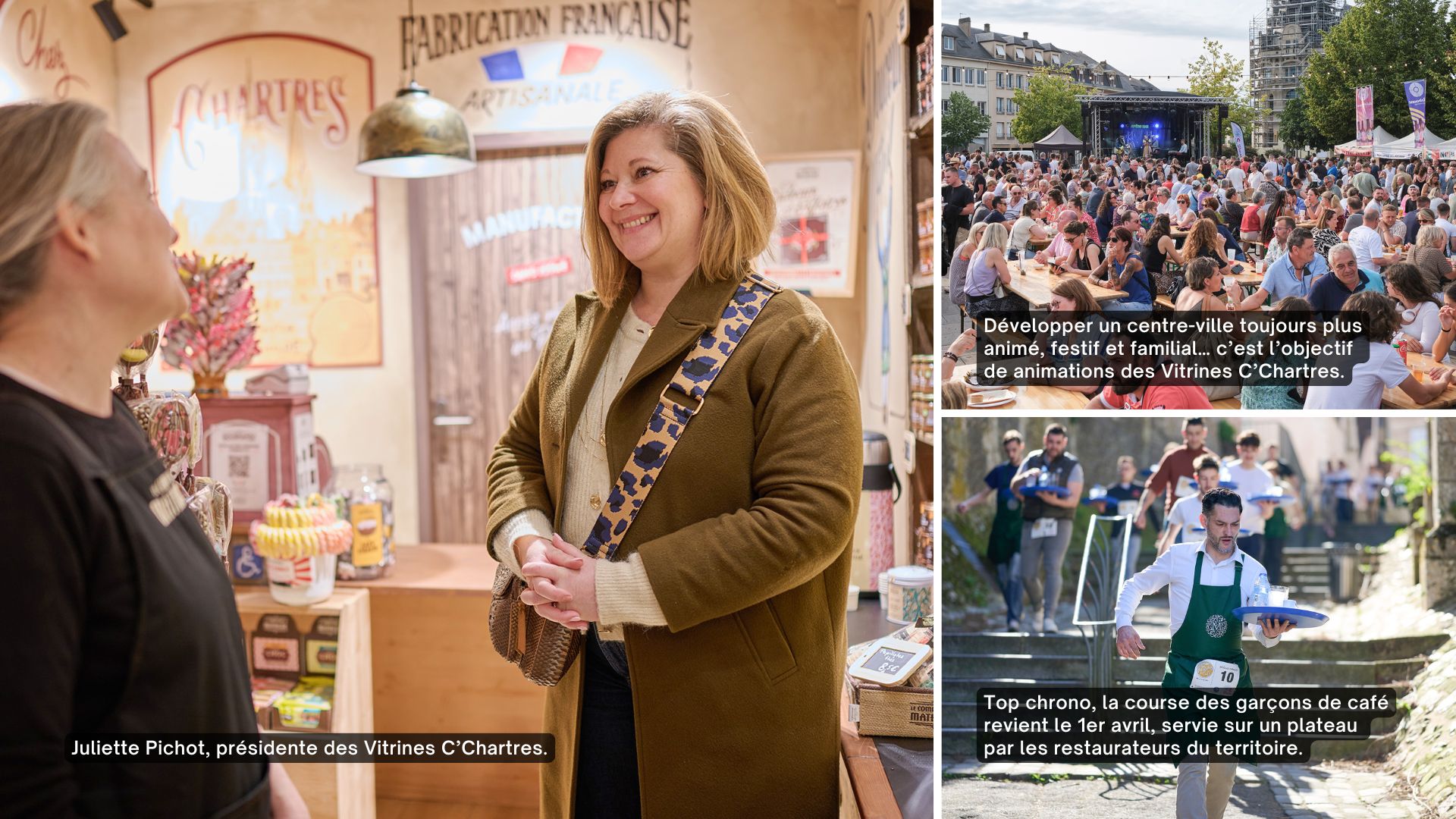 Portrait de la pr&eacute;sidente des Vitrines C'Chartres, Juliette Pichot, et quelques exemples d'animations en c&oelig;ur de ville.