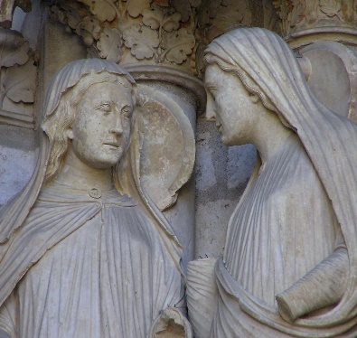 36. Regards intenses échangés entre Marie et Elisabeth. Portail nord. Baie gauche. Cathédrale de Chartres