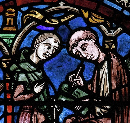 41. Saint Lubin observe un moine qui lui écrit l’alphabet. Deuxième fenêtre du bas-côté nord de la nef. Cathédrale de Chartres