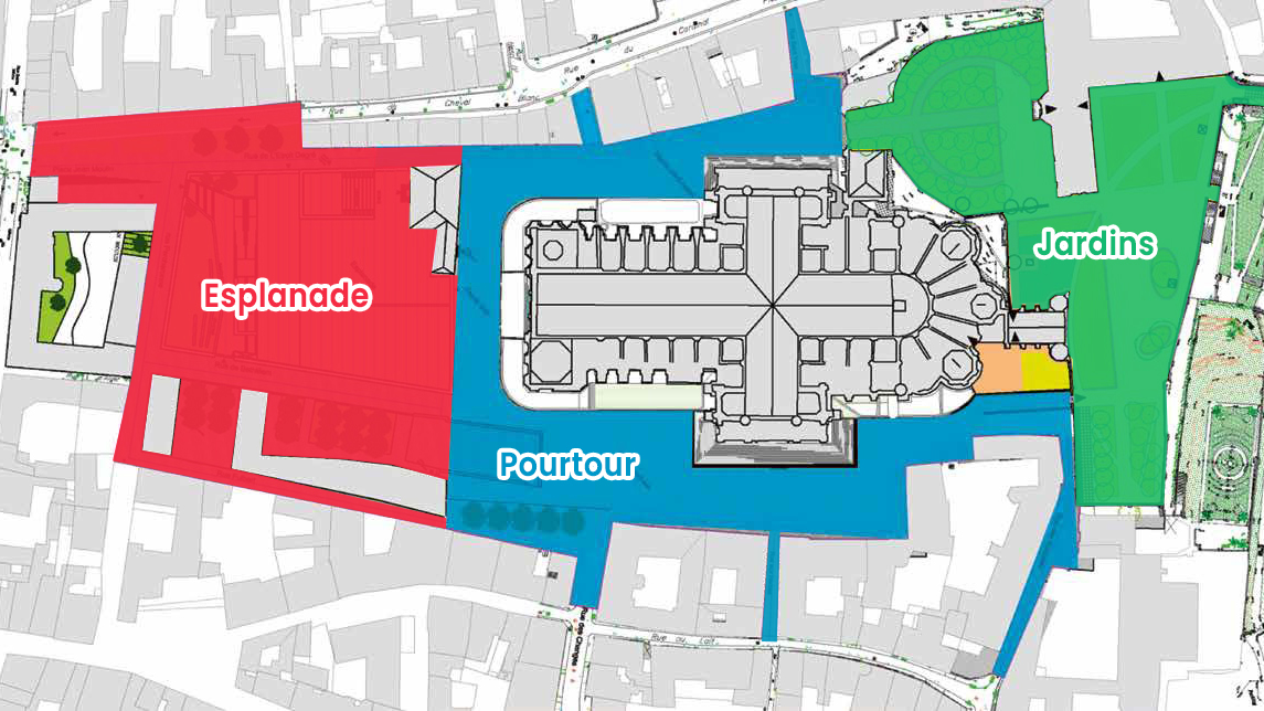 Les différents secteurs de l'aménagement du cloître Notre-Dame, autour de la cathédrale