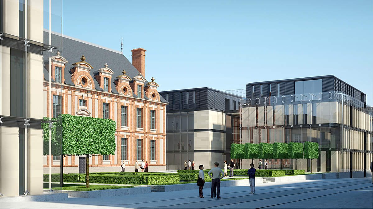 Pôle administratif, vue sur les jardins, la façade de l'hôtel Montescot et le pôle – Ville de Chartres