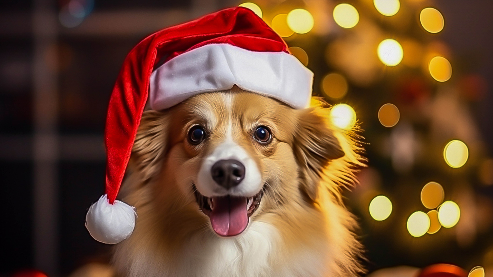 Chien portant un bonnet de Noël dans un intérieur décoré pour Noël